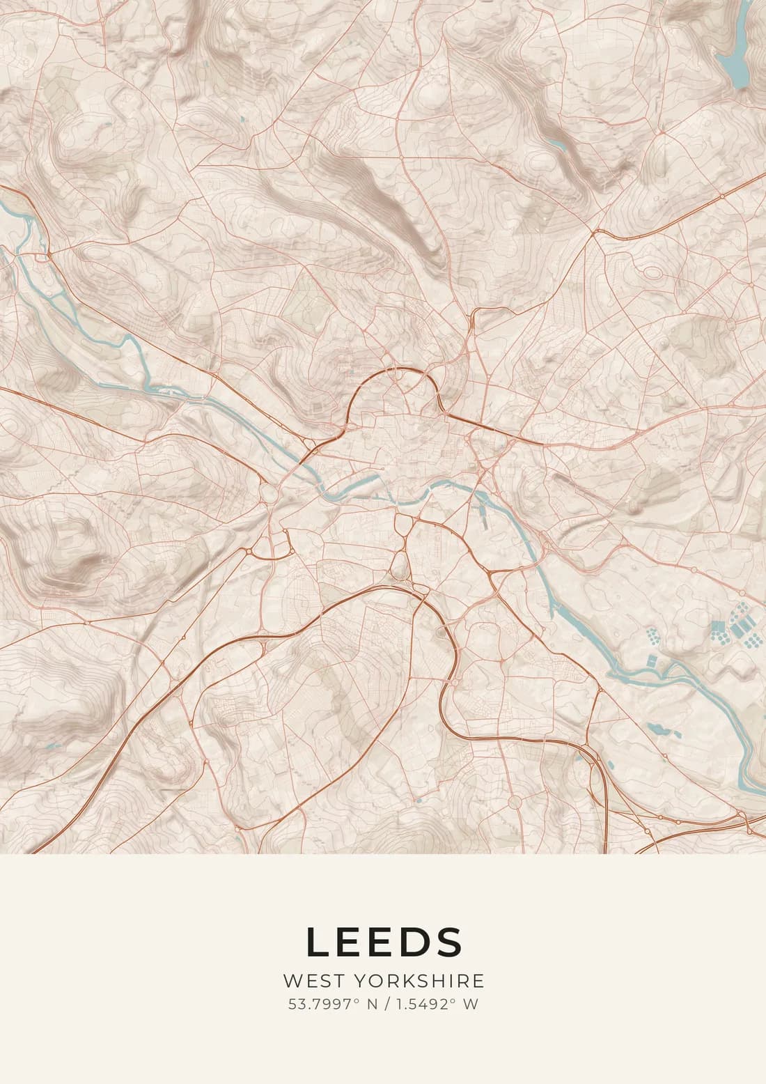 A map artwork of Leeds, West Yorkshire, in the Terracotta style.