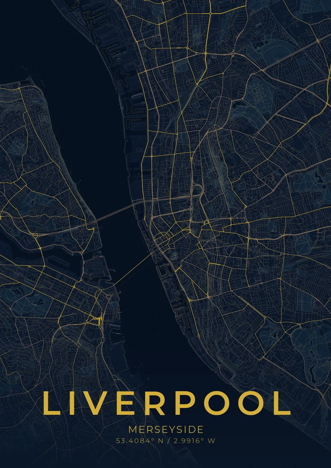 A map artwork of Liverpool, Merseyside, in the Midnight blue style.