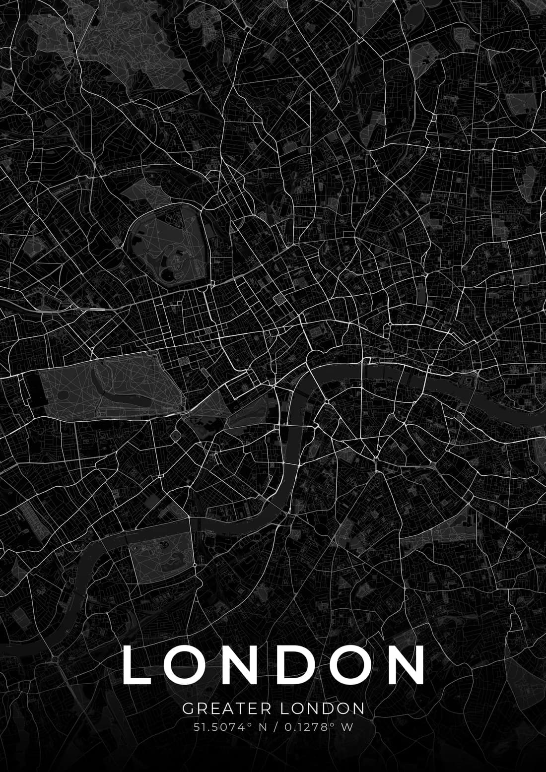 A map artwork of London, Greater London, in the Noir style.