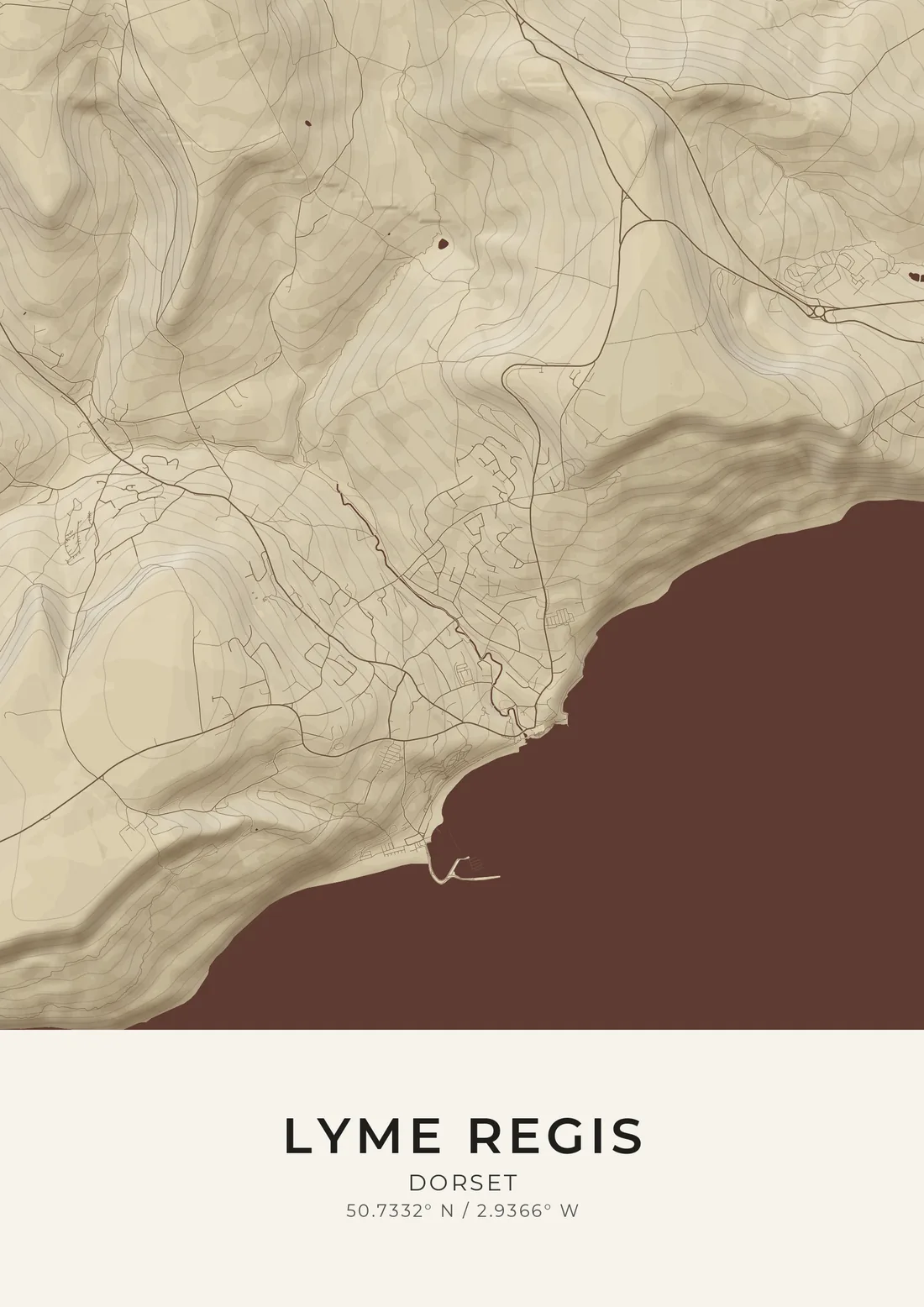A map artwork of Lyme Regis, Dorset, in the Parchment style.