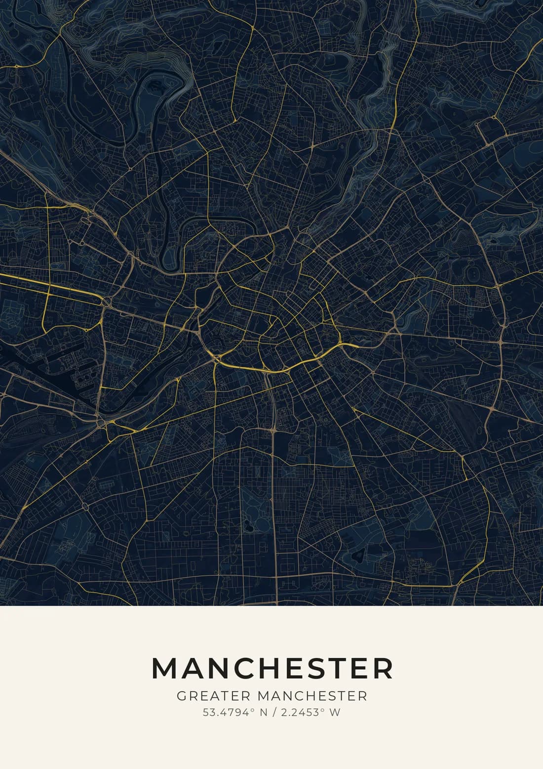 A map artwork of Manchester, Greater Manchester, in the Midnight blue style.