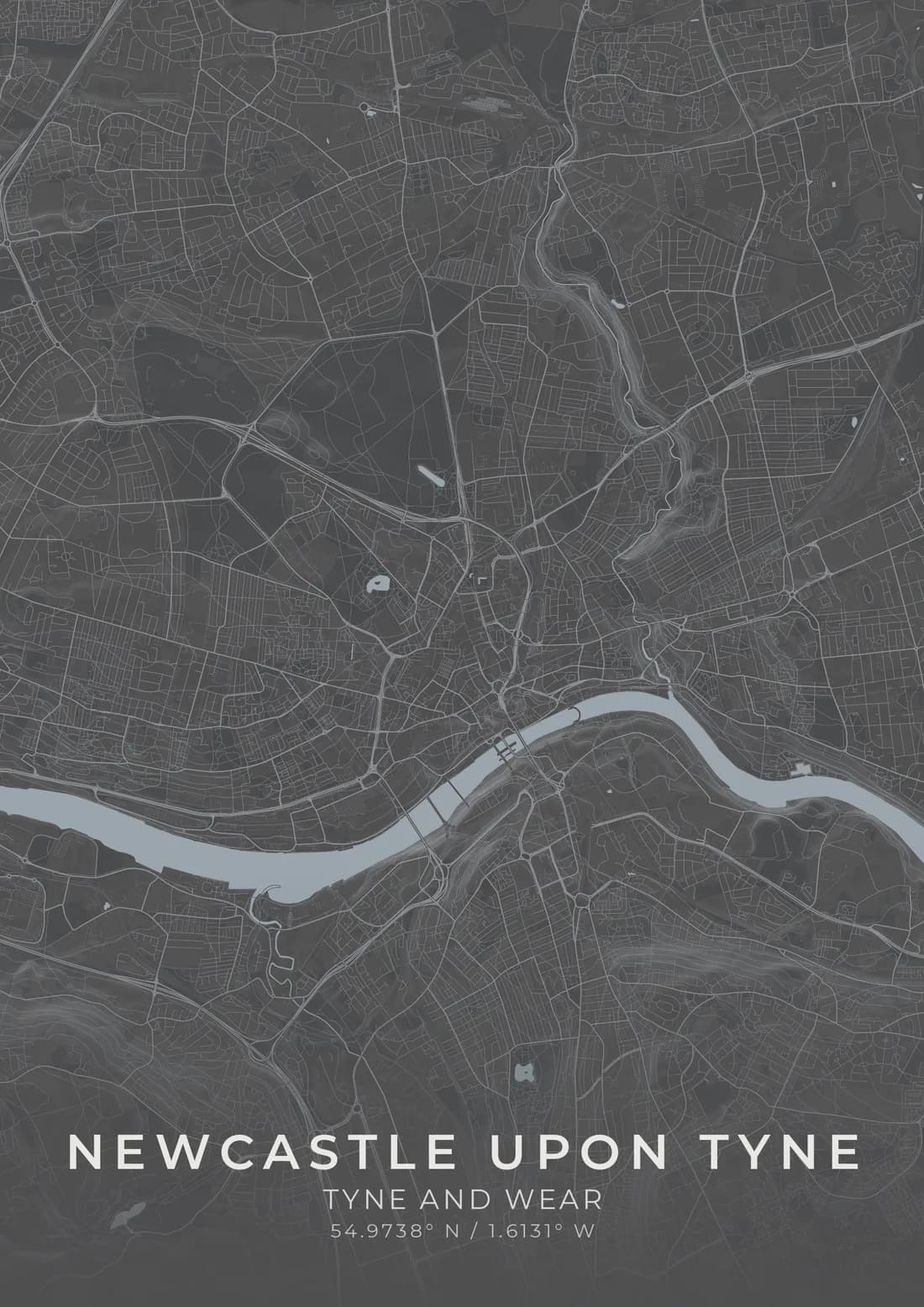 A map artwork of Newcastle upon Tyne, Tyne and Wear, in the Midnight style.