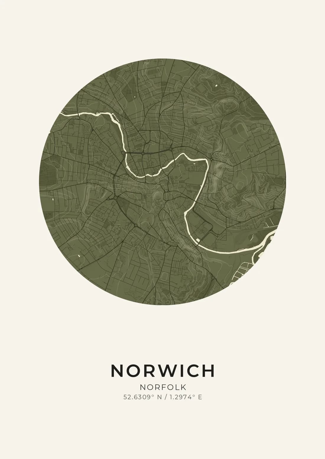 A map artwork of Norwich, Norfolk, in the Olive style.