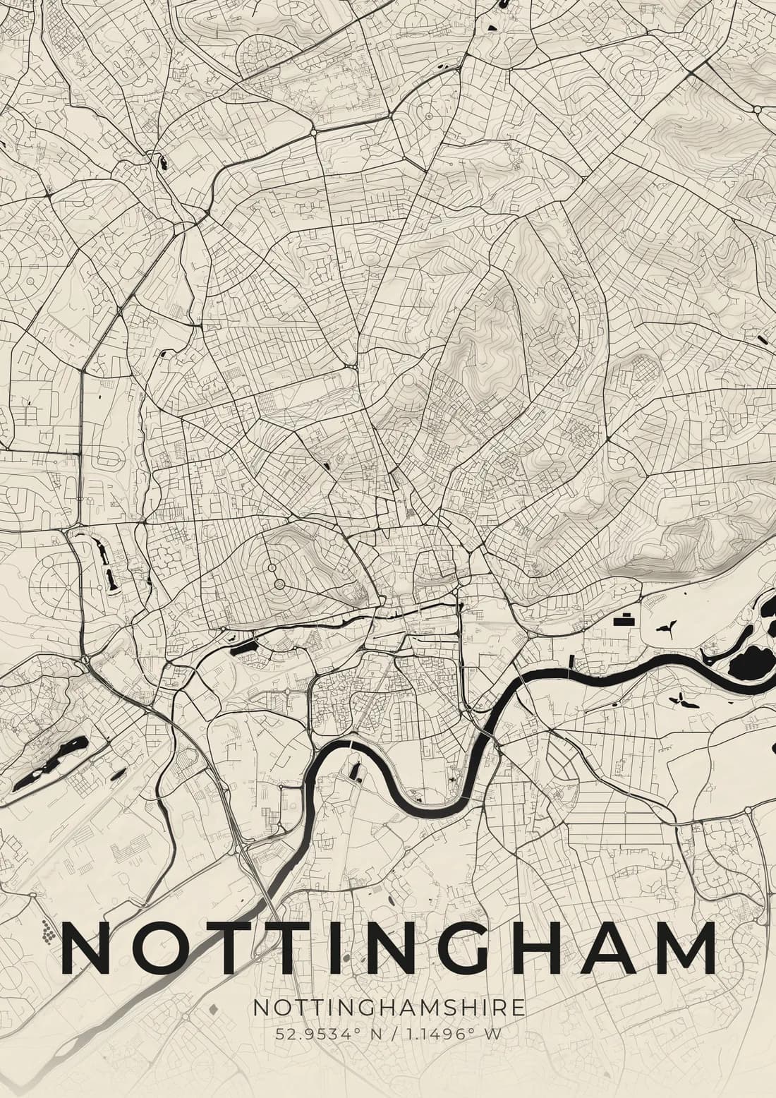 A map artwork of Nottingham, Nottinghamshire, in the Ivory ink style.