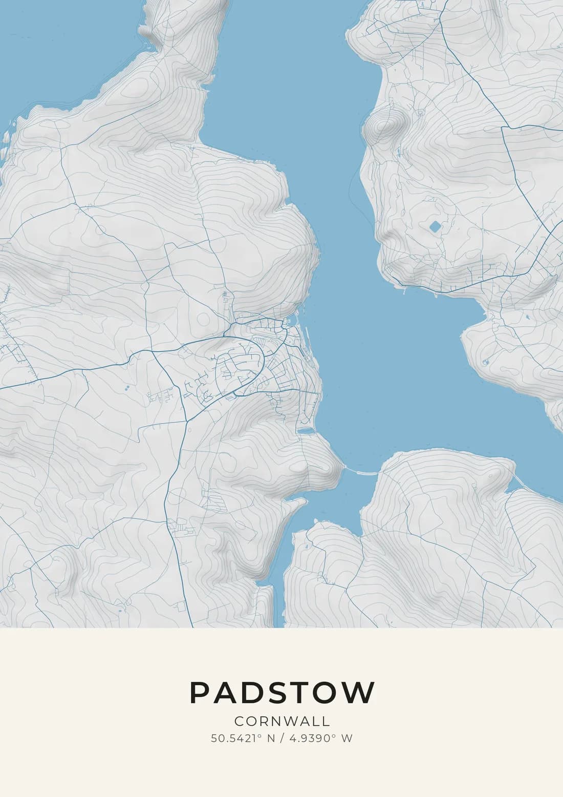 A map artwork of Padstow, Cornwall, in the Harbour style.