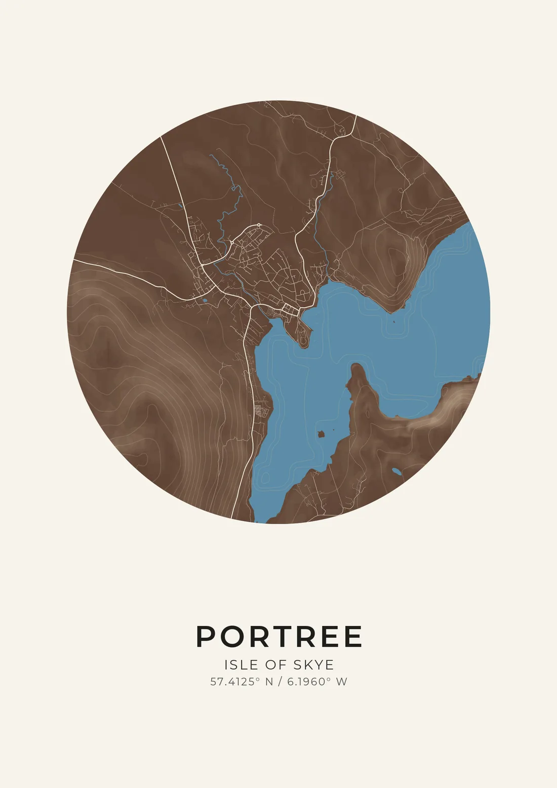 A map artwork of Portree, Isle of Skye, in the Seabrown style.