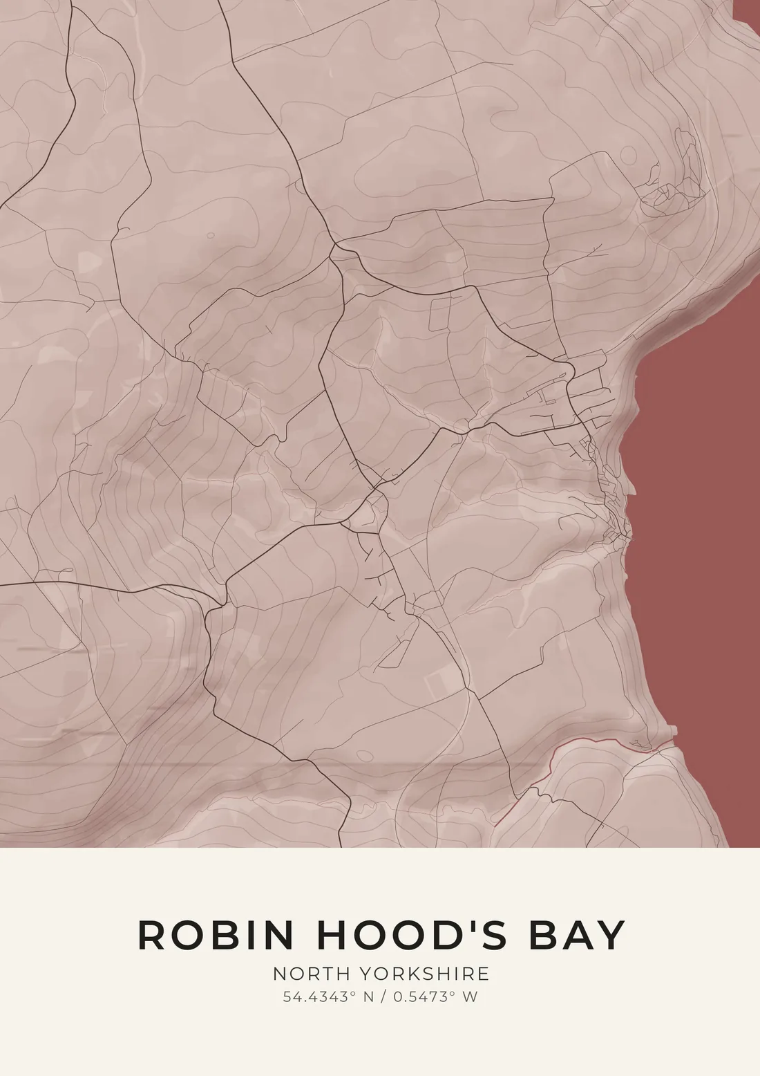 A map artwork of Robin Hood's Bay, North Yorkshire, in the Merlot style.