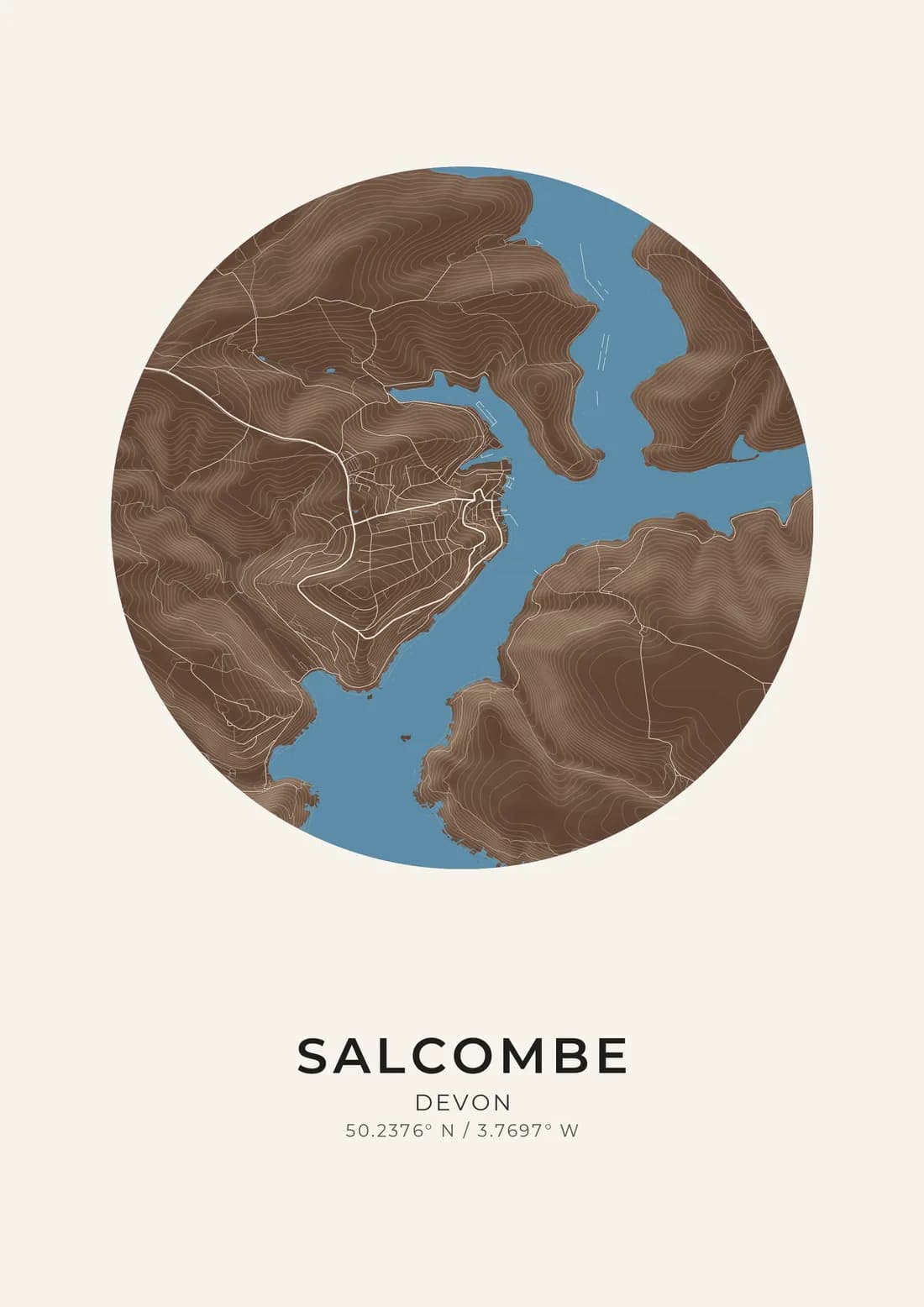 A map artwork of Salcombe, Devon, in the Seabrown style.