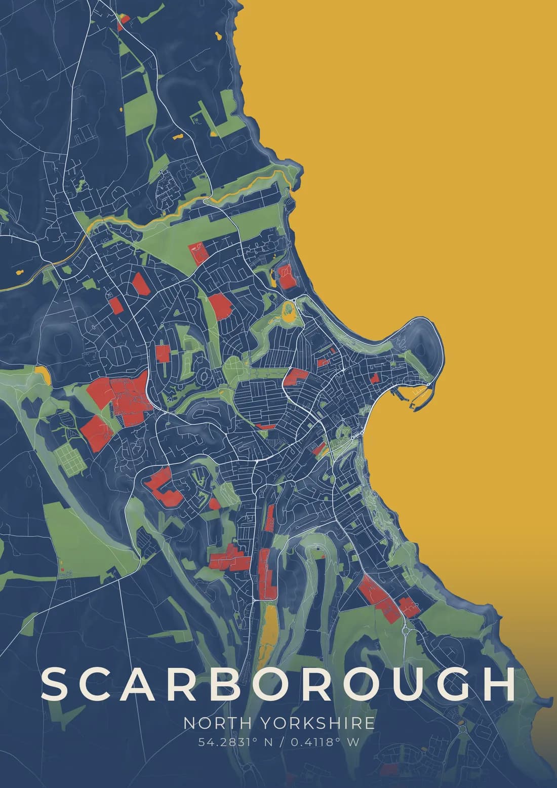 A map artwork of Scarborough, North Yorkshire, in the Prussian style.