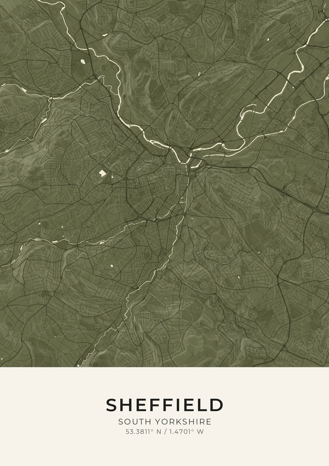 A map artwork of Sheffield, South Yorkshire, in the Olive style.