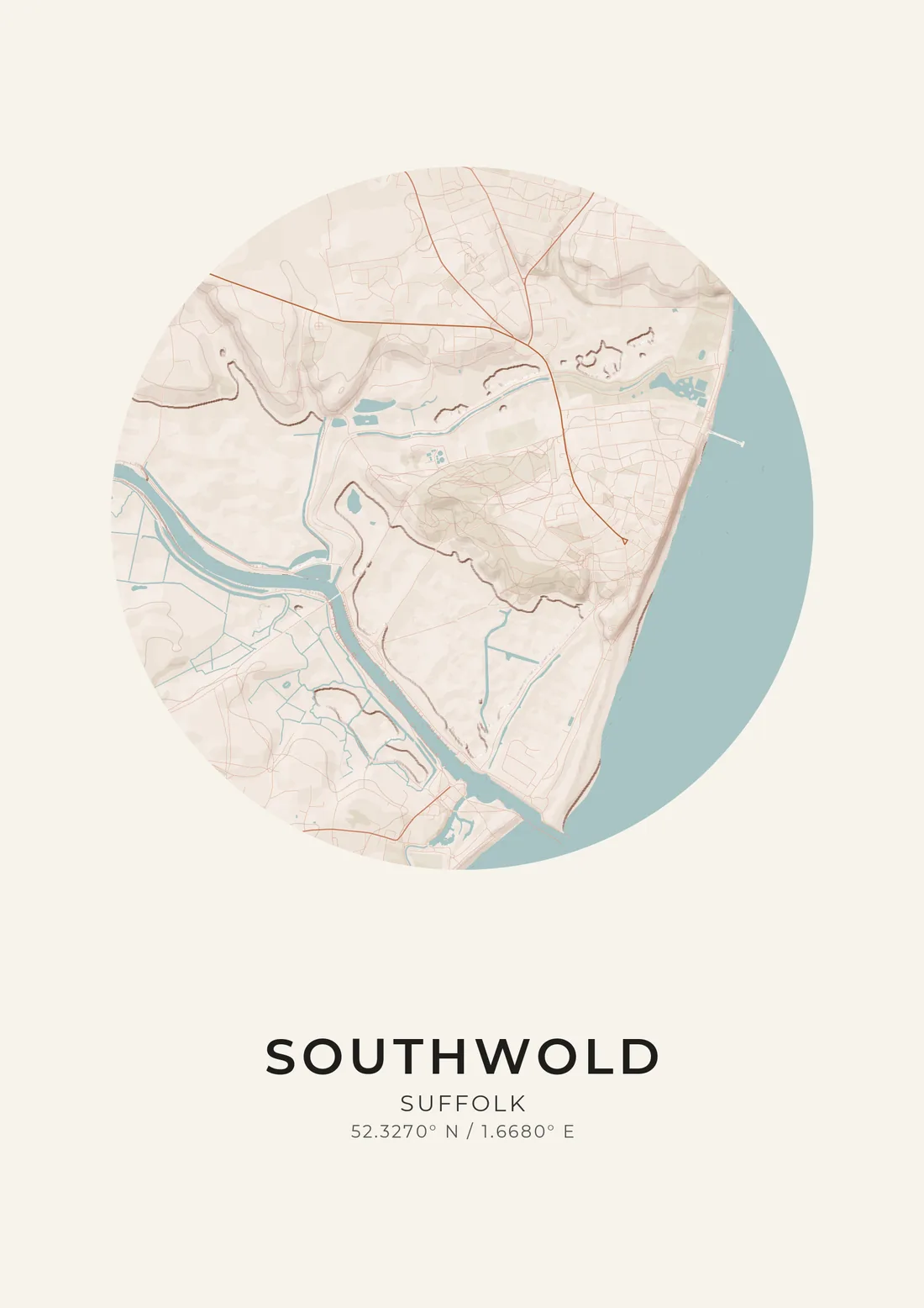A map artwork of Southwold, Suffolk, in the Terracotta style.