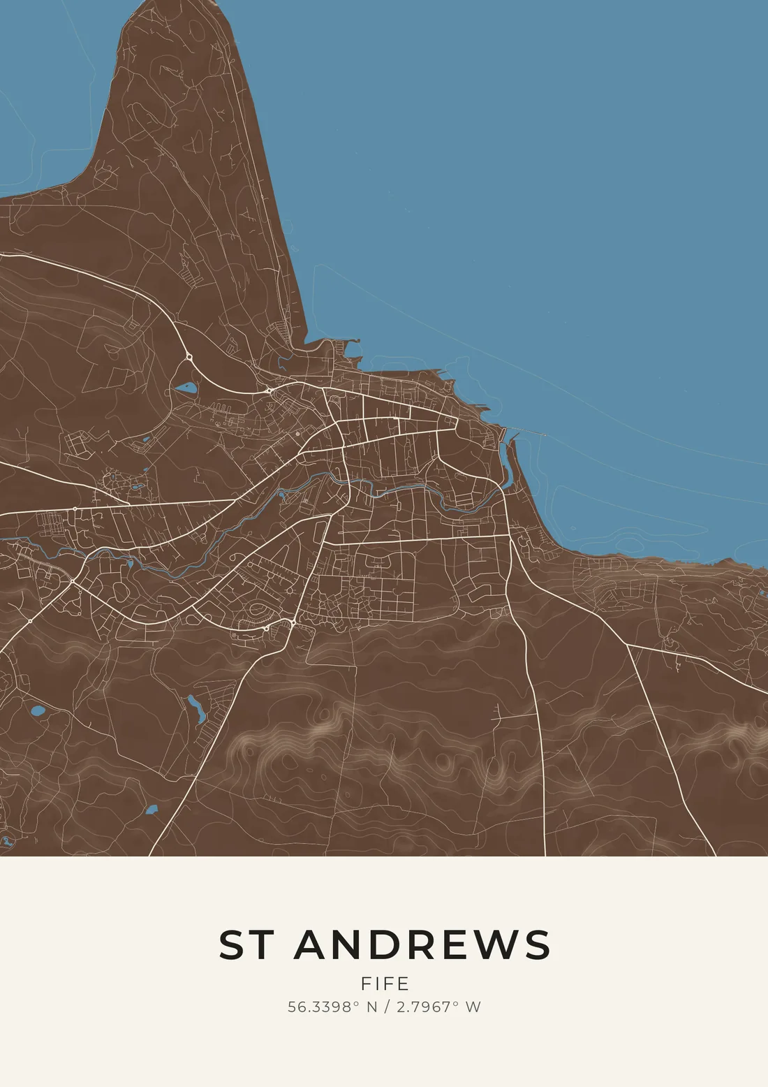 A map artwork of St Andrews, Fife, in the Seabrown style.
