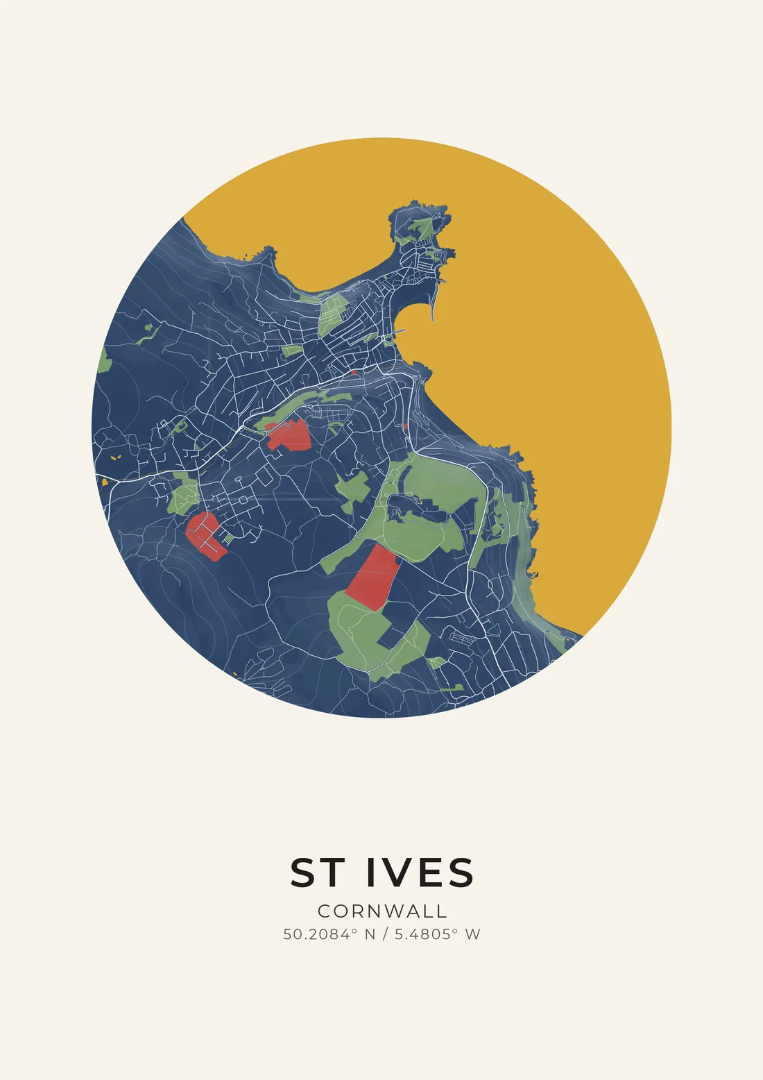 A map artwork of St Ives, Cornwall, in the Prussian style.