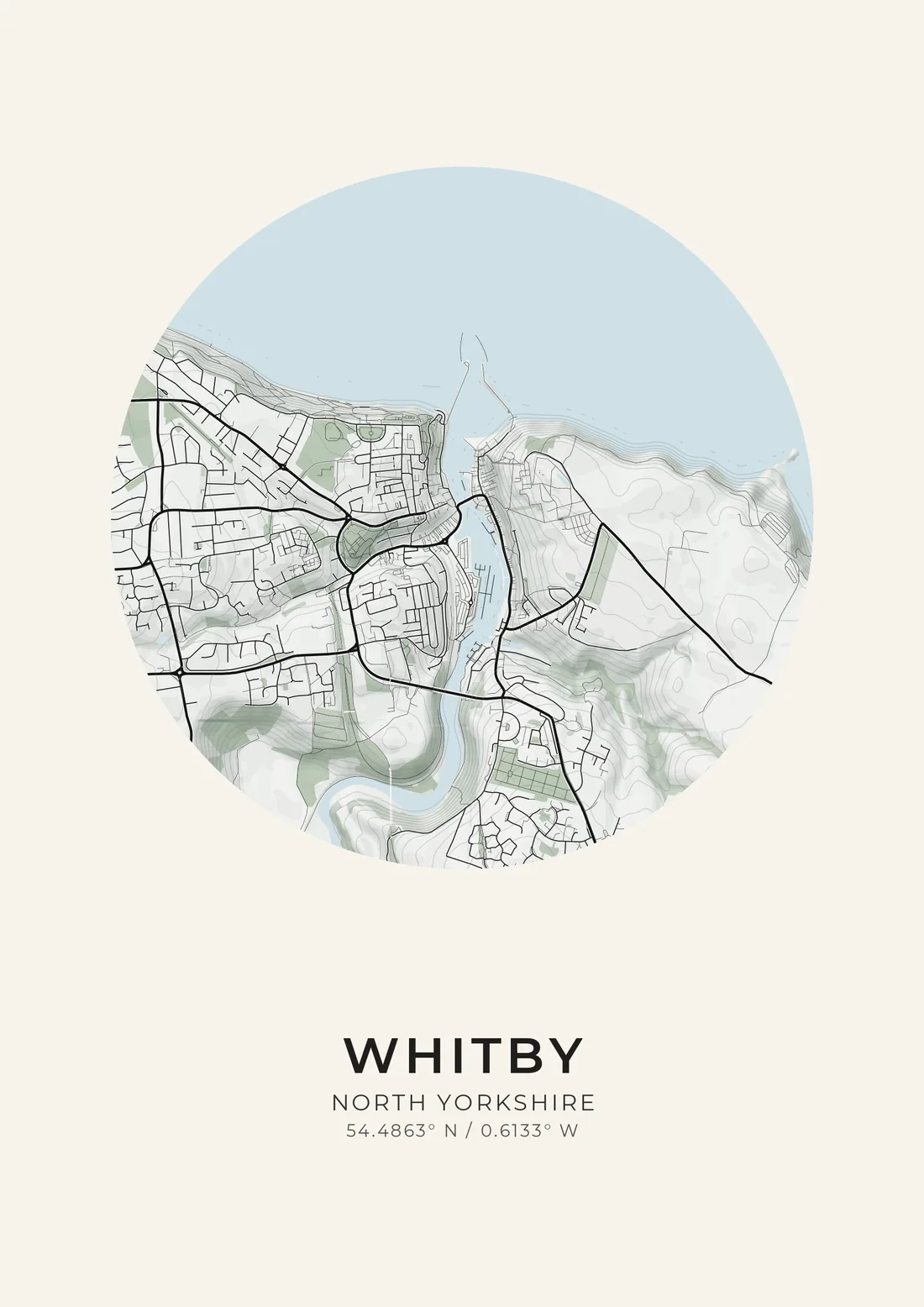 A map artwork of Whitby, North Yorkshire, in the Sage & ink style.