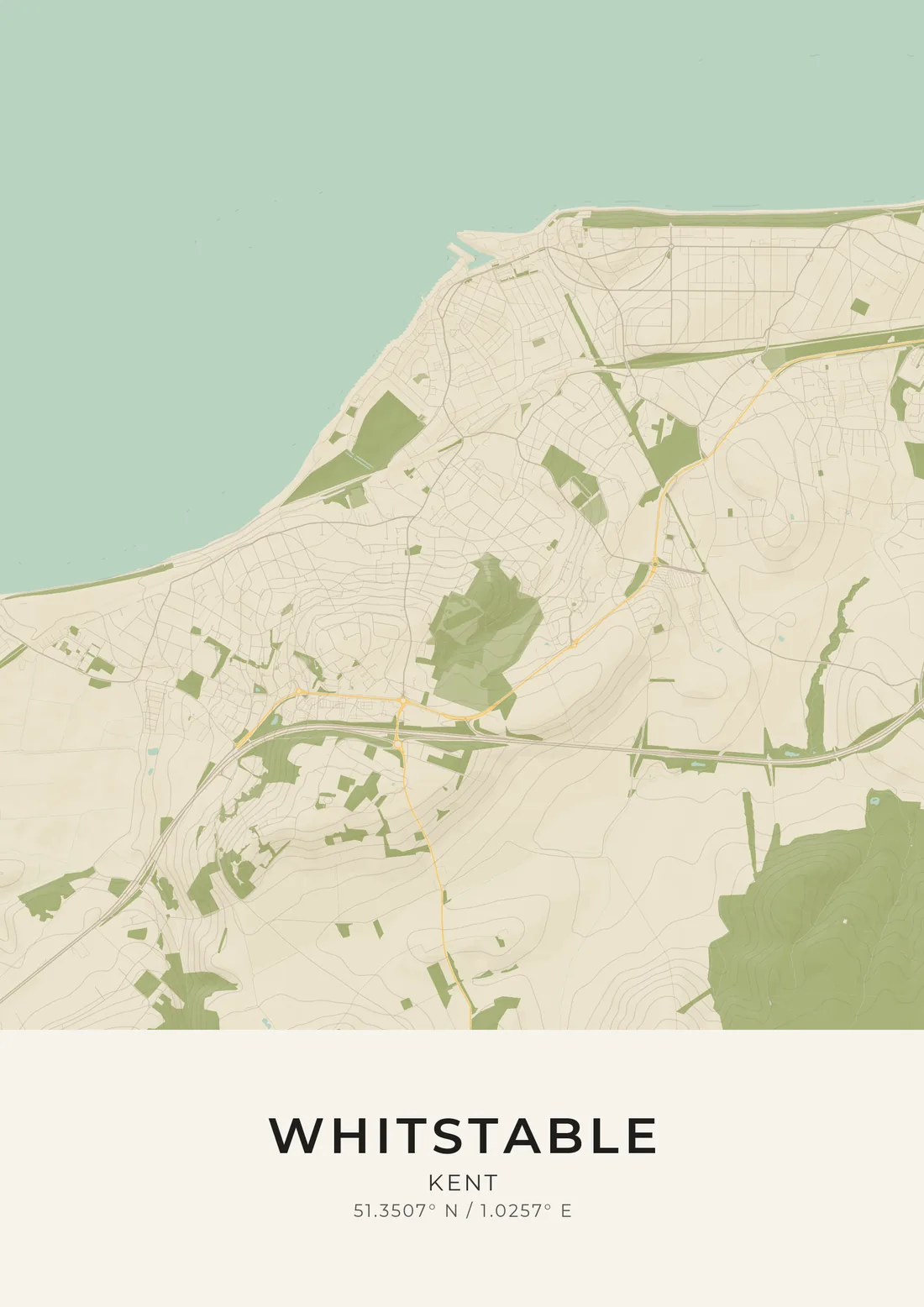 A map artwork of Whitstable, Kent, in the Heritage style.