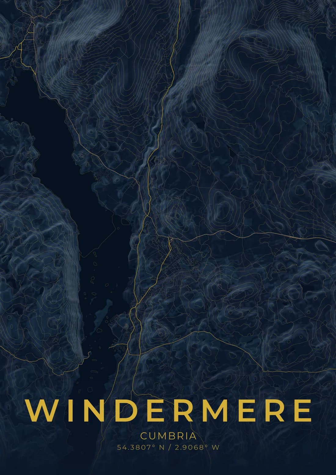 A map artwork of Windermere, Cumbria, in the Midnight blue style.